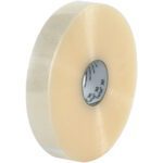 A roll of 2 x 1000 yds. Clear 3M™ 305 Carton Sealing Tape (6/Case) is shown on a plain white backdrop. The cardboard core is visible, and the partially unwound tape has a translucent surface that softly reflects light, showcasing its premium quality.