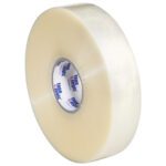 A large roll of 2 x 1000 yds. glossy, translucent clear adhesive tape with a visible Tadpole core label in blue and red offers a smooth finish, ideal for versatile use. Available as Tape Logic® Lbs600 Economy Tape in packs of six rolls per case.