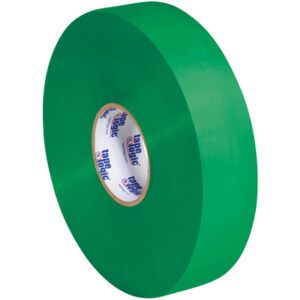 A close-up side view showcases the 2 x 1000 yds. Green Tape Logic® Lbs700 Economy Tape with white interior, featuring blue and red label text. This smooth-surfaced tape is available in a case of six rolls for versatile use.