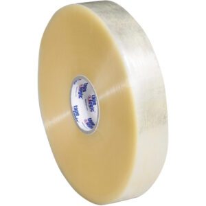 The 2 x 1000 yds. Clear Tape Logic® Lbs900 Economy Tape (6 Rolls/Case) has a glossy finish and is neatly wound on a cardboard core with a white label featuring blue and red text, making it ideal for various packaging needs.