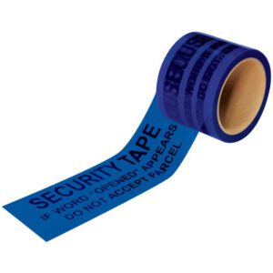 The 3 x 60 yds. Blue Tape Logic® Secure Tape (24 Rolls/Case) reveals SECURITY TAPE. IF WORD OPENED APPEARS DO NOT ACCEPT PARCEL in bold black letters, serving as a crucial security measure to keep your parcels safe and tamper-proof.