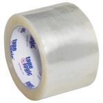 The Tape Logic® 3 x 55 yds. clear packing tape from the Lbs1000 Economy Tape (6 Pack) collection is shown on a plain white background, featuring its transparent glossy texture and brand logo on the core.
