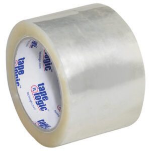 The Tape Logic® 3 x 55 yds. clear packing tape from the Lbs1000 Economy Tape (6 Pack) collection is shown on a plain white background, featuring its transparent glossy texture and brand logo on the core.