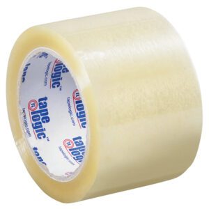 The 3 x 110 yds. Clear Tape Logic® Lbs160 Industrial Tape, available in a convenient 6-pack, features glossy, transparent rolls with the Tape Logic® logo on the inner core—ideal for heavy-duty tasks requiring quality and dependability.