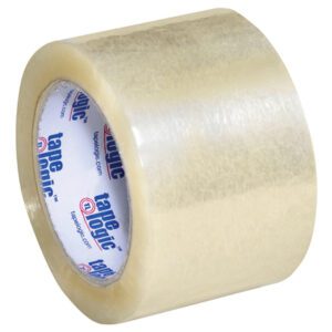 The 3 x 110 yds. Tape Logic® Lbs170 Clear Industrial Tape (6 Pack) features a glossy finish, a white core with blue Tape Logic® text, and is partially unwound, highlighting its reliable strength for packaging needs.