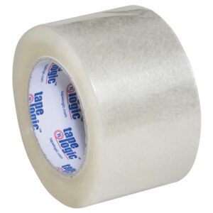 A slightly tilted 3 x 110 yds. roll of Tape Logic® Lbs291 industrial tape highlights its translucency and white core branding. This high-performance clear tape comes in a case of 24 rolls, perfect for all your packing needs.