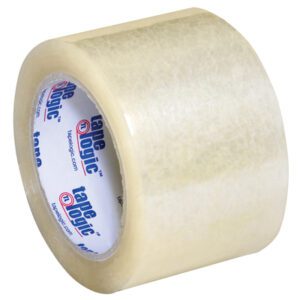 A 3 x 55 yds. roll from the Tape Logic® Lbs350 Industrial Tape 6 Pack features a glossy, semi-transparent finish with tape logic printed inside in blue and red.