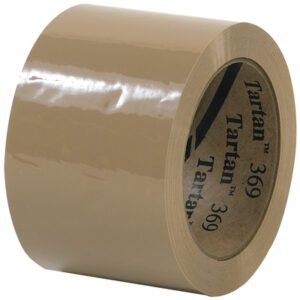 The tan Tartan™ Box Sealing Tape 369 measures 3 x 110 yds. and features a smooth, glossy surface with the product name printed on its core. Available in cases of 24 for all packaging needs.