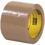 A case contains 24 rolls of 3 x 110 yds. Tan Scotch® Box Sealing Tape 371, ideal for packaging needs. The glossy tape features the logo and details on the inner label, with adhesive tucked inside.