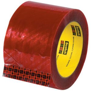 A roll of 3 x 110 yds. Clear 3M Security Message Box Sealing Tape, featuring a yellow core and black & red plaid pattern edge. Perfect for secure box sealing.