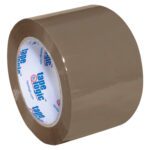 A 3 x 110 yds. roll of Tape Logic® Lbs400 industrial tape stands upright, partially unrolled with the logo visible inside the core, showcasing its glossy brown finish against a white background. This is part of the convenient Tan (6 Pack) set.