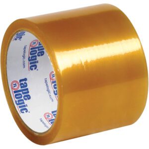 The 3 x 110 yds. Clear Tape Logic® Lbs51 Natural Rubber Tape features a light brown tint with a glossy, smooth finish showcasing the brand Tape Logic in blue on white, available in cases of 24 rolls.