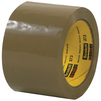 T9055373T.jpg A roll of 3 x 110 yds. Tan Scotch® Box Sealing Tape 373 features a glossy adhesive surface and a yellow core with printed text, highlighting its quality. Available in a case of 24 rolls.