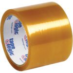 The 3 x 110 yds. Clear (6 Pack) Tape Logic® Lbs57 Natural Rubber Tape, branded on the inner core, showcases its glossy adhesive for versatile packaging needs and renowned durability.