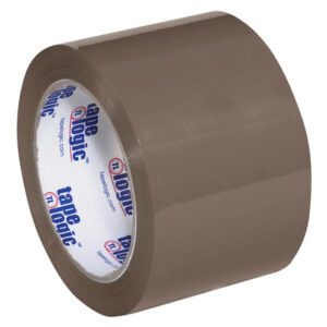 A roll of Tan Tape Logic® Lbs600 Economy Tape, 3 x 110 yds., glistens as it unfurls to seal boxes securely. The Tape Logic label ensures smooth reliability, with a handy 24-roll case for all packing needs.
