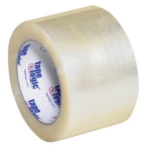 A 3 x 110 yds. roll of Clear Tape Logic® Lbs700 Economy Tape (24 Rolls/Case) has a white core with blue and red text. Partially unrolled, its transparent, glossy texture is evident, and it stands upright against a plain white background.