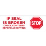 Label with a red stop sign graphic and bold red text: IF SEAL IS BROKEN CHECK CONTENTS BEFORE ACCEPTING. Ideal for use with Tape Logic® Messaged Carton Sealing Tape, 3 x 110 yds. (24 Rolls/Case).