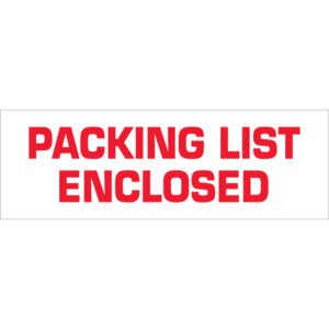 A white rectangular label, like the 3 x 110 yds. Tape Logic® Packing List Enclosed tape, showcases bold red capital letters saying PACKING LIST ENCLOSED.