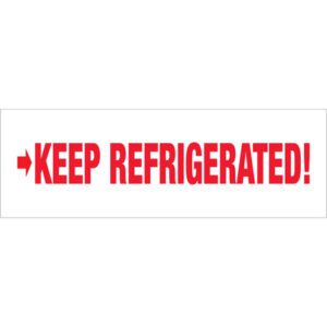 A white sign with bold red text reading KEEP REFRIGERATED! and a right-pointing red arrow resembles the Tape Logic® 3 x 110 yds. Keep Refrigerated carton sealing tape, sold in cases of 24 rolls.