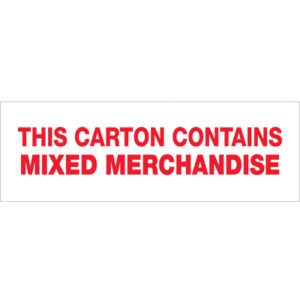A white label bolded with red text states, THIS CARTON CONTAINS MIXED MERCHANDISE, securely fastened by 3 x 110 yds. Mixed Merchandise Tape Logic® Messaged Carton Sealing Tape (24 Rolls/Case).