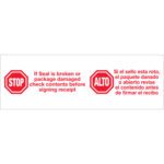 The 3 x 110 yds. Tape Logic® Messaged Carton Sealing Tape features a red octagonal stop sign label with the message STOP. If Seal is broken or package damaged check contents before signing receipt on the left and ALTO. Si el sello está roto, revise el contenido antes de firmar el recibo on the right.