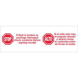 The 3 x 110 yds. Tape Logic® Messaged Carton Sealing Tape features a red octagonal stop sign label with the message STOP. If Seal is broken or package damaged check contents before signing receipt on the left and ALTO. Si el sello está roto, revise el contenido antes de firmar el recibo on the right.