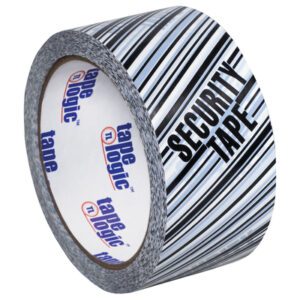 The 3 x 110 yds. Tape Logic® Security Tape, featuring a black and white barcode-like pattern and bold SECURITY TAPE text, comes in a convenient 6 pack. The inner core displays Tape Logic® in purple and red.