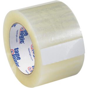 A partially unrolled roll of Tape Logic® Lbs131 Quiet Carton Sealing Tape, 3 x 55 yds., with a light tint and brand name on the core is part of a 6 Pack, revealing adhesive and non-adhesive sides.