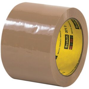 A 3 x 55 yds. roll of tan Scotch Box Sealing Tape 371 stands tall with a smooth finish and wide thickness, featuring a yellow core with the brand logo. Sold in a convenient 6-pack, this reliable tape meets all your sealing needs.