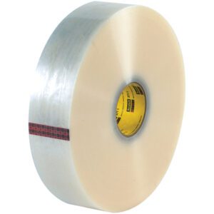The 2 x 1500 yds. Clear 3M™ 371 Carton Sealing Tape (6/Case) features a yellow core with a red strip and black patterns, showcasing well-organized layers, and is neatly wound for convenience.