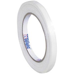 The 3/8 x 60 yds. Tape Logic® 1300 Strapping Tape features clear adhesive, a white core, and branded logo; it is glossy and partially unwrapped to display its thin and flexible texture.