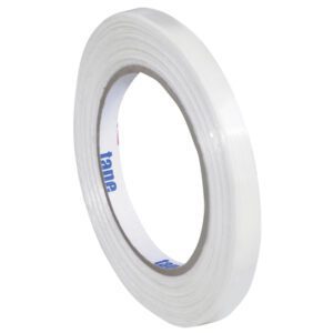 A roll of 3/8 x 60 yds. Tape Logic® 1400 Strapping Tape stands vertically, displaying its slightly shiny surface with a visible inner cardboard ring that presents blue and white text, indicating its high-quality origin in a convenient 12-pack.