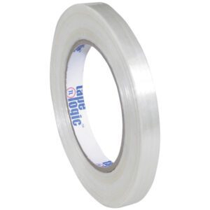 A 12-pack of 1/2 x 60 yds. Tape Logic® 1500 Strapping Tape, with a reflective clear finish and white inner core, rests elegantly with the open end facing left against a plain white background.