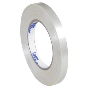 The 1/2 x 60 yds. Tape Logic® 1550 Strapping Tape displays a visible core against a white background, with its slightly reflective surface indicating quality. Its offered in a convenient pack of 72 rolls per case.