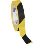 The Tape Logic® Striped Vinyl Safety Tape, 1 x 36 yds. in black and yellow diagonal stripes, is available in a practical 3 Pack for your safety needs.