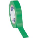 A partially unrolled roll of 1 x 36 yds. Tape Logic® Solid Vinyl Safety Tape in glossy green, revealing a reflective finish and featuring a white inner core with blue and red text. Available in a convenient three-pack.