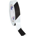 A roll of 1 x 36 yds. Tape Logic® Black/White Striped Vinyl Safety Tape is partially unrolled, labeled Logo Logic. Available in bulk with 48 rolls per case, it fulfills all your marking needs.