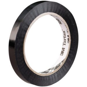 A roll of 1/2 x 60 yds. Tartan™ Strapping Tape 860 stands vertically with a glossy finish and visible text on its core, partially unwound to show the sticky edge, contrasting against the plain white background.