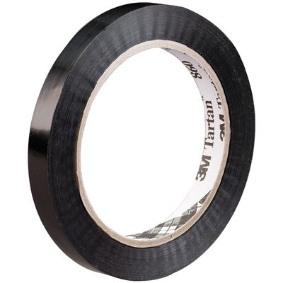 T91386012PK.jpg A roll of glossy black electrical tape, 1/2 x 60 yds., with a visible cardboard core is displayed at an angle. The inner side has printed text, highlighting the quality expected from Tartan™ Strapping Tape 860, sold in a convenient 12-pack per case.