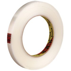 A pack of 12 rolls of 1/2 x 60 yds. 3M™ 8651 Strapping Tape features transparent adhesive coiled with a hollow center, suitable for various uses.