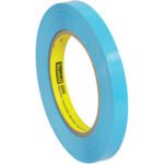 A roll of 3M Strapping Tape 8898 is blue with a yellow center displaying Scotch in bold black text. The slightly unwound tape reveals its sturdy and high-quality texture, dimensions are 1/2 x 60 yds., and it comes in a pack of 12.