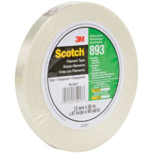 The 1/2 x 60 yds. (12 Pack) Scotch® Filament Tape 893 is a clear performance-grade tape with packaging details in English, Spanish, and French. Ideal for all your securing needs.