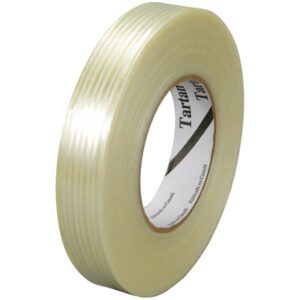 A 12 pack of 1/2 x 60 yds. 3M™ 8932 Strapping Tape, featuring translucent tape wound on a printed inner core, set against a white background.