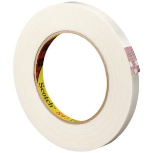 A roll of Scotch® Filament Tape 897, measuring 1/2 x 60 yds., displays a yellow core with the brand name visible. Positioned slightly angled against a white background, it showcases quality and durability similar to its creamy white masking tape counterpart.