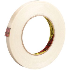 A roll of glossy 1/2 x 60 yds. Scotch® Filament Tape 898 with a cardboard core and checkered red/black label, slightly unwound. Available in a convenient 12 Pack.