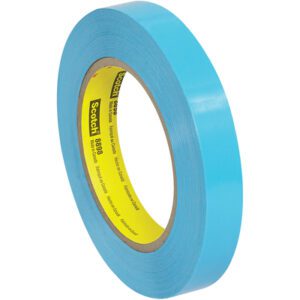 A 3/4 x 60 yds. roll of blue 3M Strapping Tape 8898, with a yellow core and black text, is coiled around itself in a three-quarter angle view; available in a 12 pack.