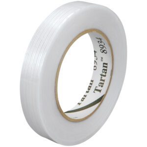 A pack of 12 rolls of Tartan™ Filament Tape 8934 (3/4 x 60 yds.) features a glossy finish with visible horizontal fibers for added strength. The inside cardboard core reads Tartan 8934, ensuring each roll is ready to handle tough tasks stylishly and effectively.