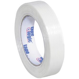 A neat roll of 1 x 60 yds. Tape Logic® 1300 strapping tape features a transparent design with a white label inside with blue text. Available in a bulk case of 36 rolls for convenience.