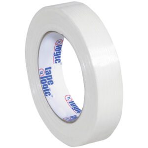 A 1 x 60 yds. Tape Logic® 1400 Strapping Tape roll from a 12 Pack features a white core with blue and red Tape Logic branding. The glossy tape stands upright against a plain white background.