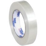 A case of 36 rolls of Tape Logic® 1500 Strapping Tape (1 x 60 yds.) features a white core with blue and red text, slightly glossy and tightly wound for all your packaging needs.